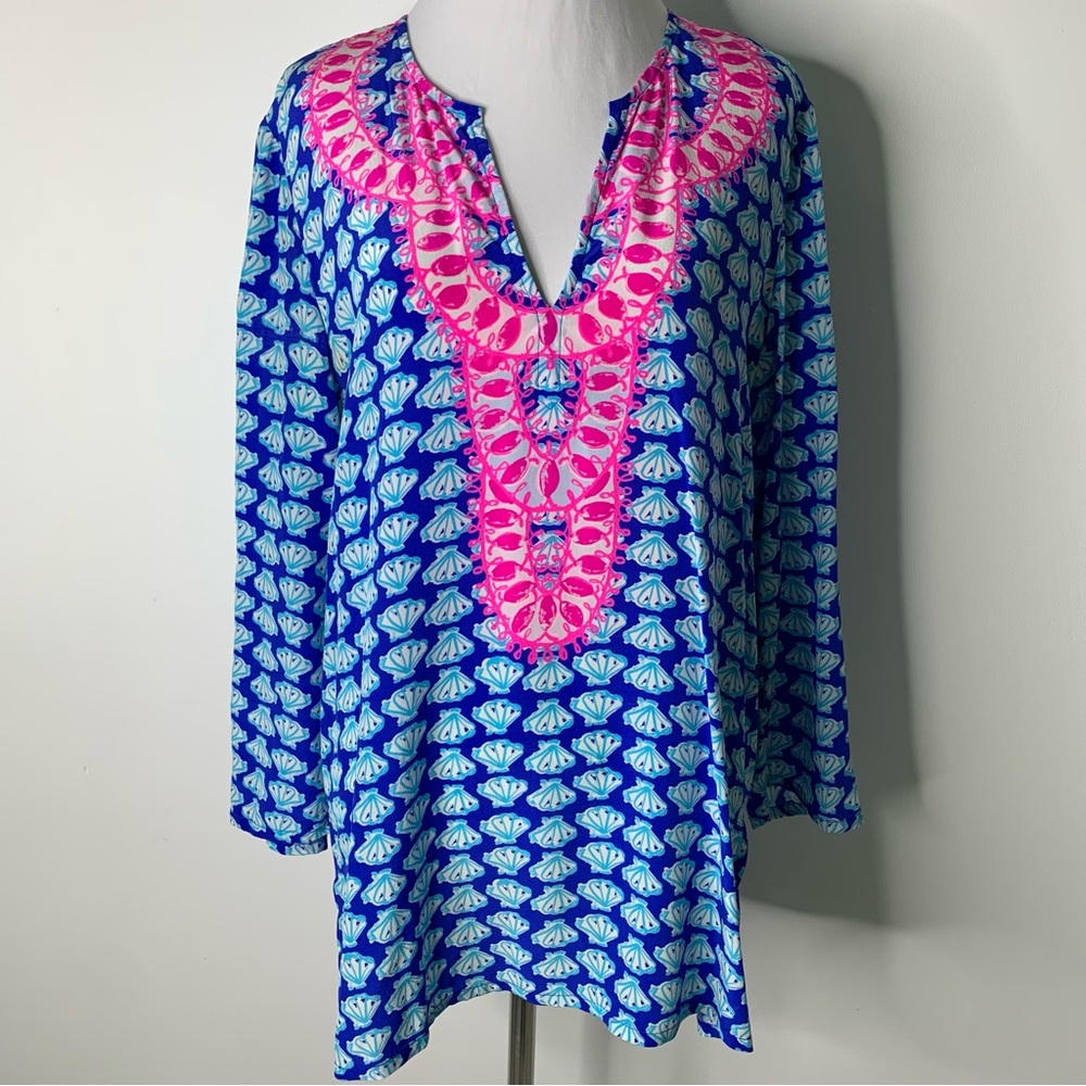 Lilly Pulitzer Renato Tunic Silk Top Shirt Brilliant Blue Tripped Out Size Small
